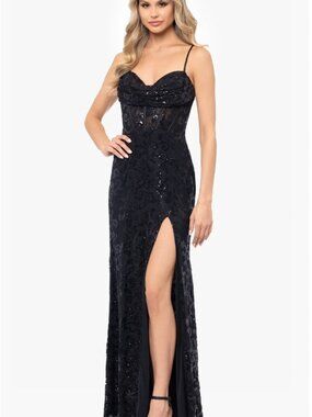 BLONDIE NITES Black Sequin Lace Evening Gown with Spaghetti Straps